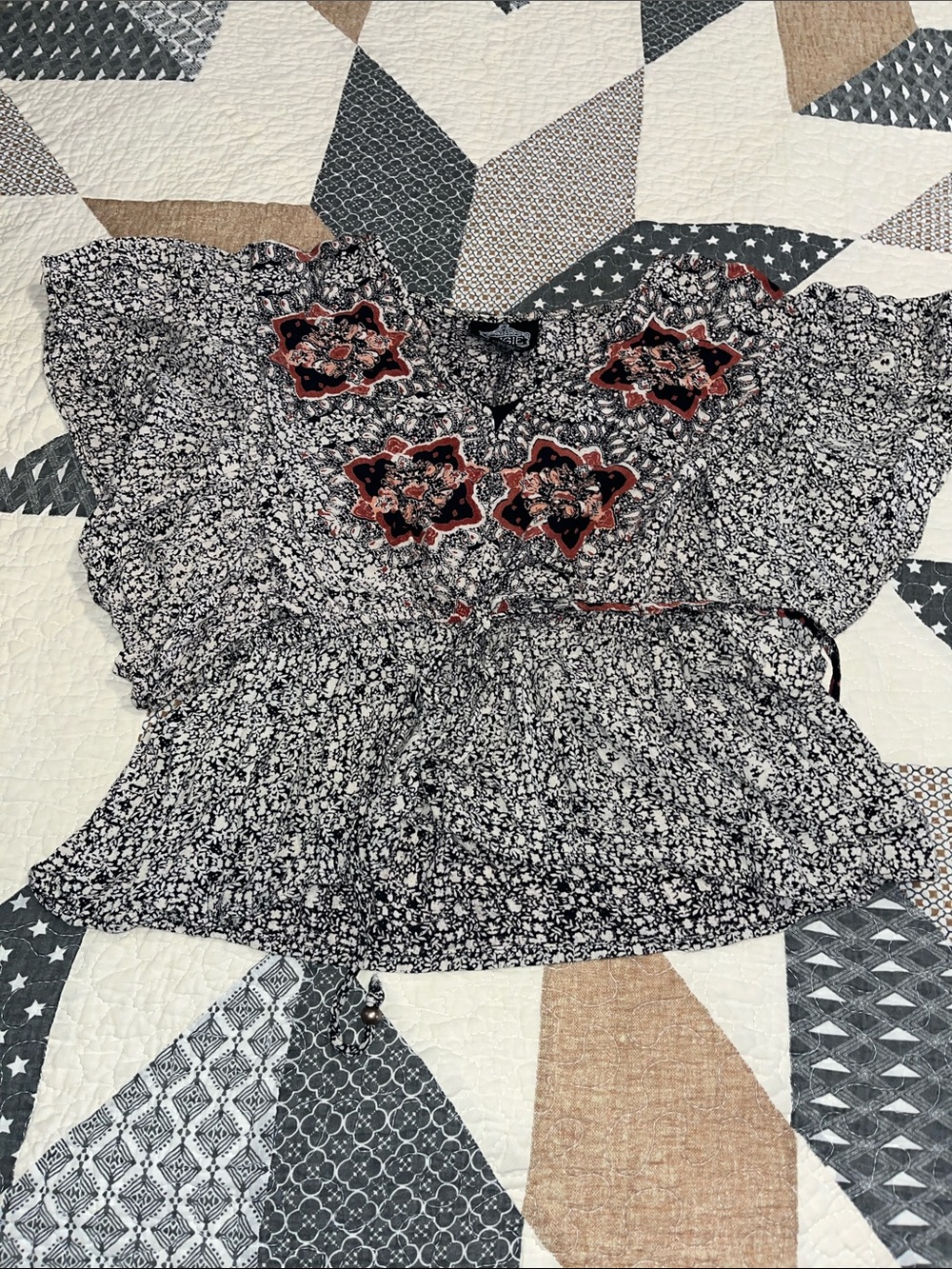 Angie Black and Red Floral Embroidered Smocked Waist Top